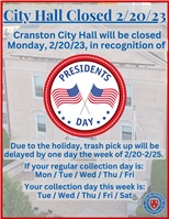 Cranston City Hall Closed Monday, 2/20/23